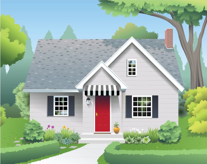 Small House with Red Door and Shade Tree